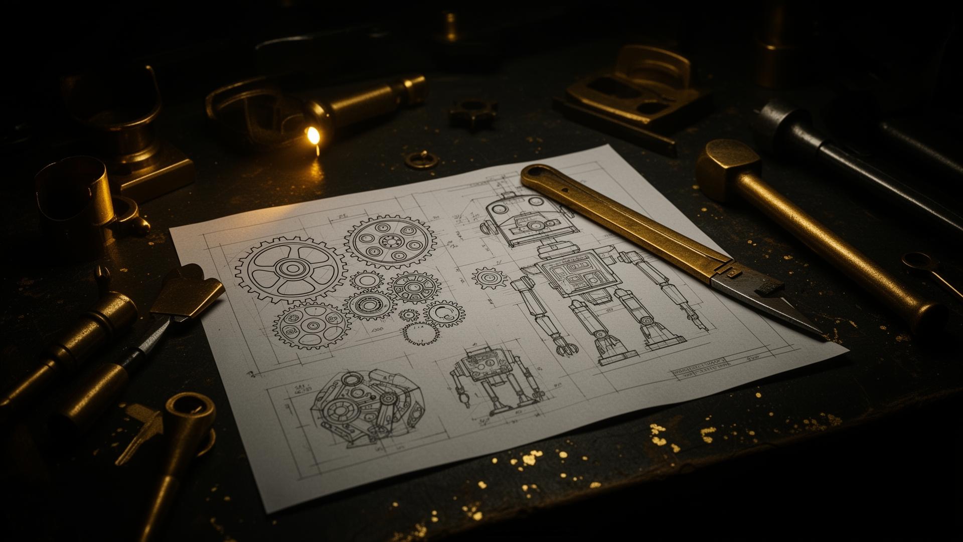 Maker workshop blueprint and brass tools